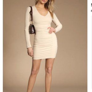 Lulus Perfectly Casual Cream Ribbed Long Sleeve Bodycon Mini Dress - Size M
